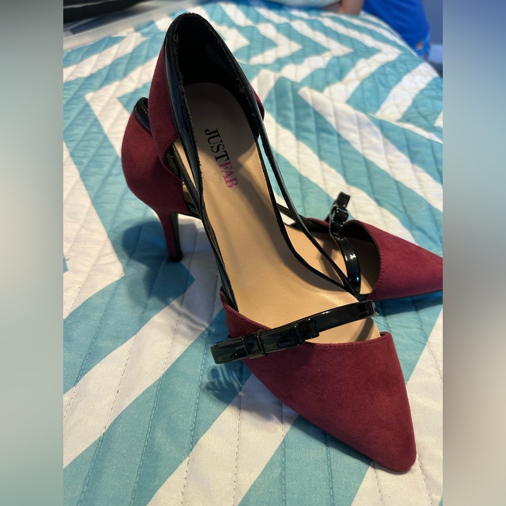 Just fab red suede heels with pattened leather bow